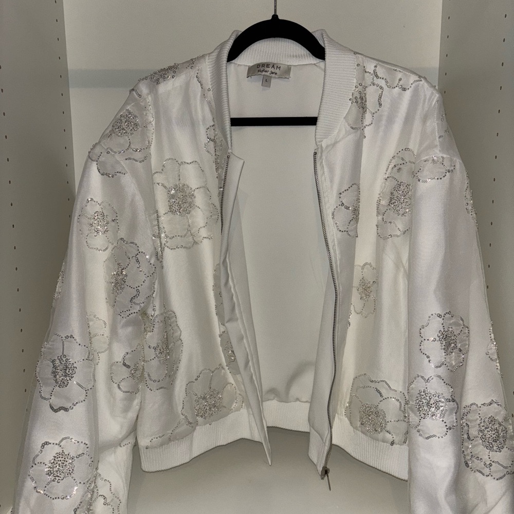 NWOT Sister Jane White and Silver Floral Bomber Jacket